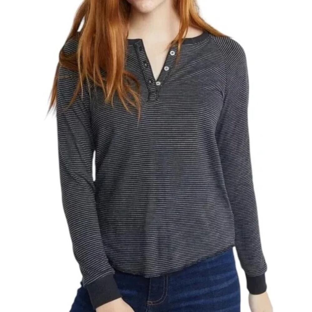 Marine Layer Double Knit Henley in Black/White Stripe XL